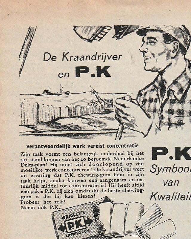 Retro reclame 1961 P.K. kauwgom voor kraandrijver hijskraan, Verzenden, Overige typen