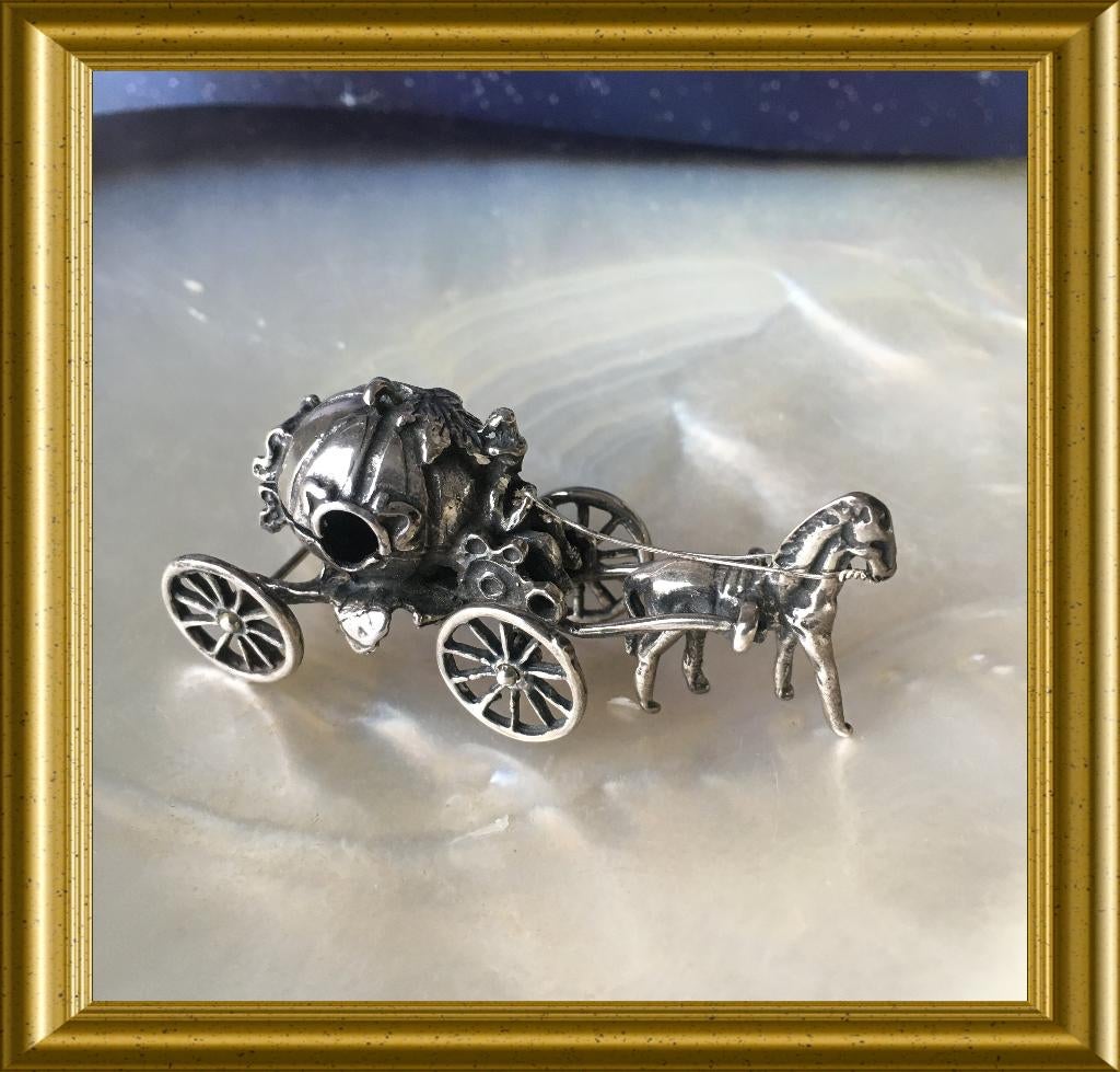 Miniatuur zilveren paard, wagen, pompoen koets, Assepoester, Antiek en Kunst, Ophalen of Verzenden, Zilver