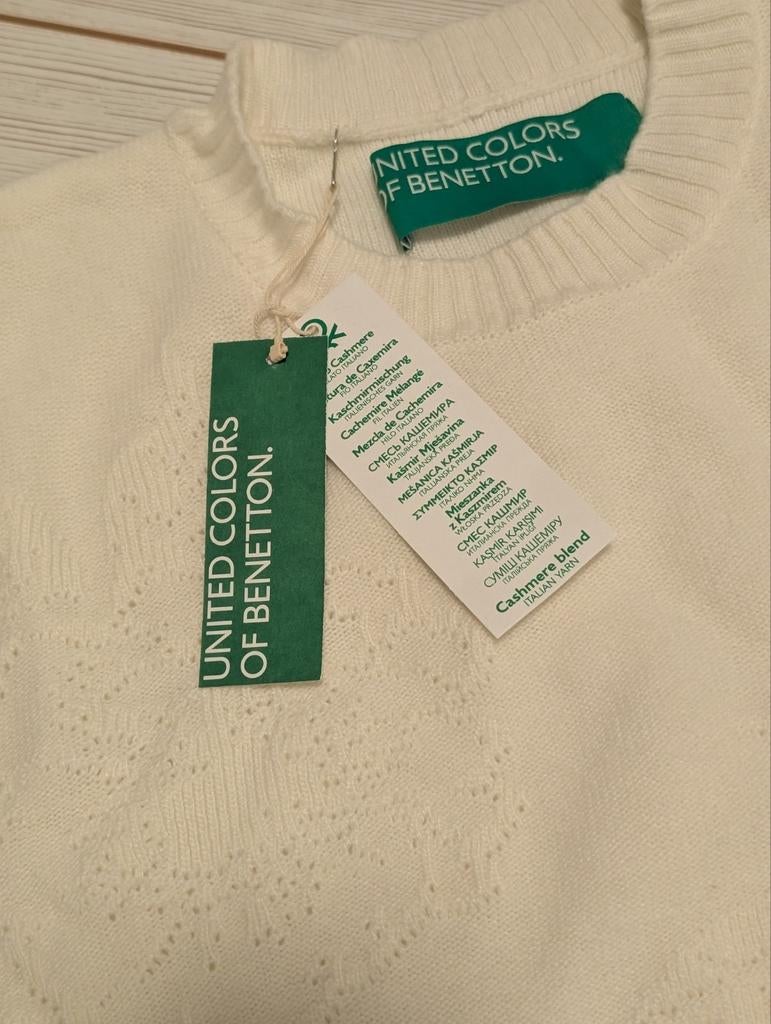 Benetton Kasjmier Wol Trui Dames Wit Nieuw met Labels, Benetton, Wit, Maat 42/44 (L), Nieuw