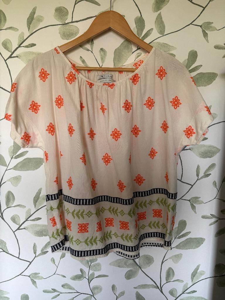 Nukus blouse korte mouw creme oranje small 36, Kleding | Dames, Oranje, Ophalen of Verzenden, Zo goed als nieuw, Maat 36 (S)