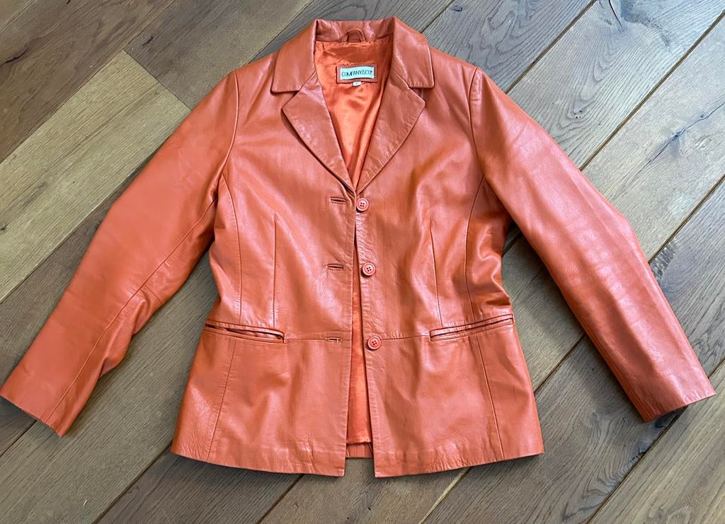 Oranje leren colbert / jasje - Maat L, Kleding | Dames, Ophalen of Verzenden, Gedragen, Maat 42/44 (L), Oranje