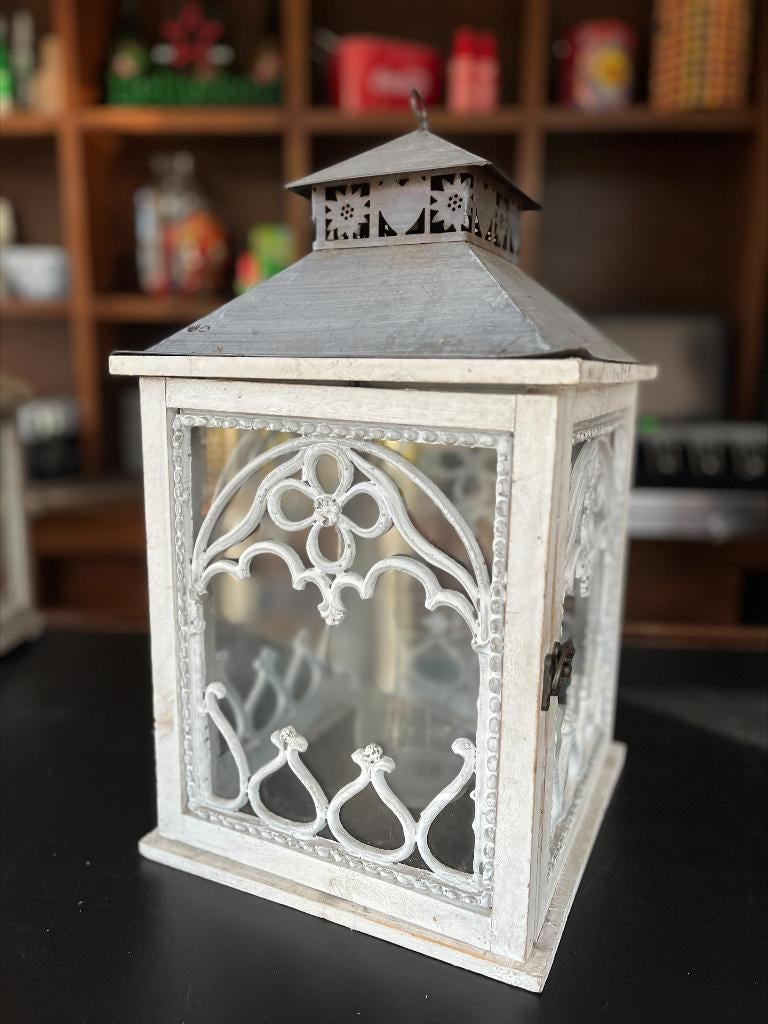 Windlicht hout met zinken dakje, Ophalen, Gebruikt, 25 tot 50 cm, Wit