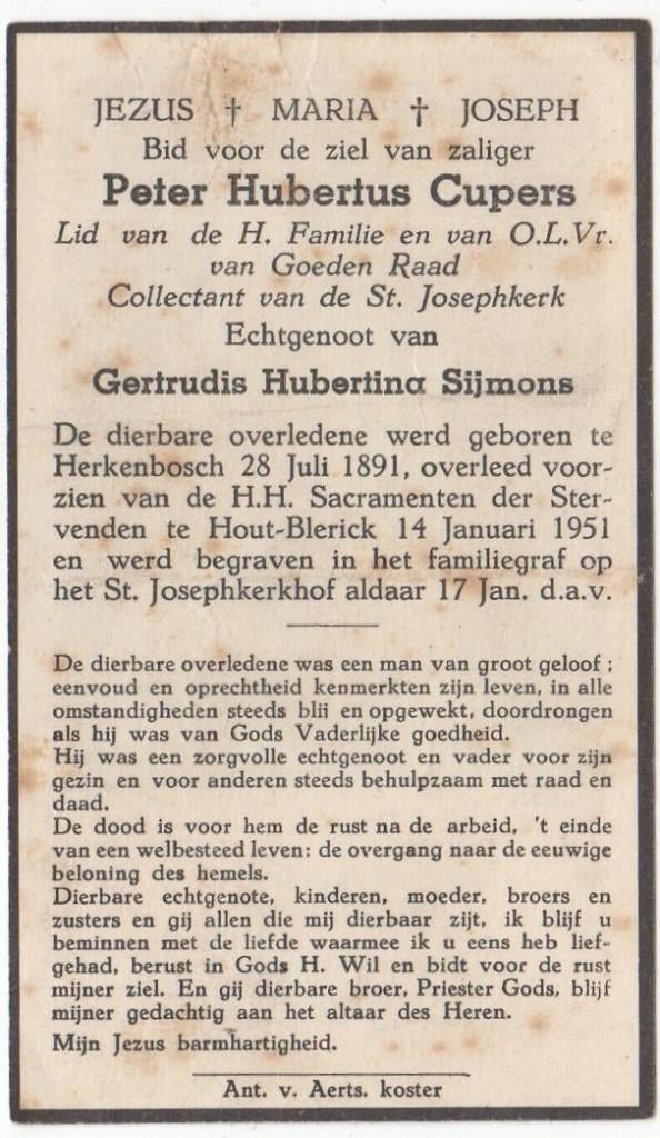 Peter Hubertus Cupers 1891 Herkenbosch + 1951 Hout-Blerick, Verzenden
