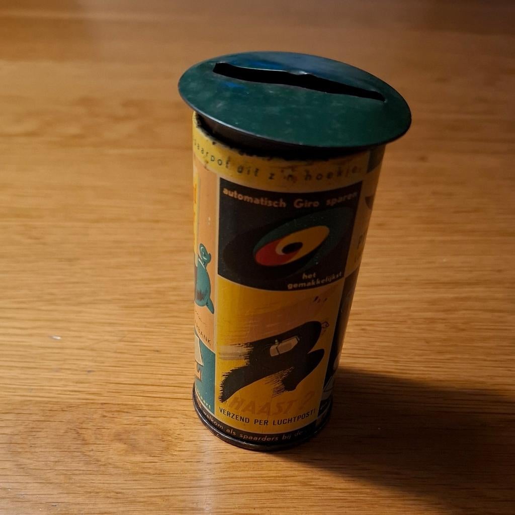 Vintage Rijkspostspaarbank spaarpot (jaren '50), Verzamelen, Spaarpotten, Ophalen of Verzenden, Gebruikt, Metaal of Blik
