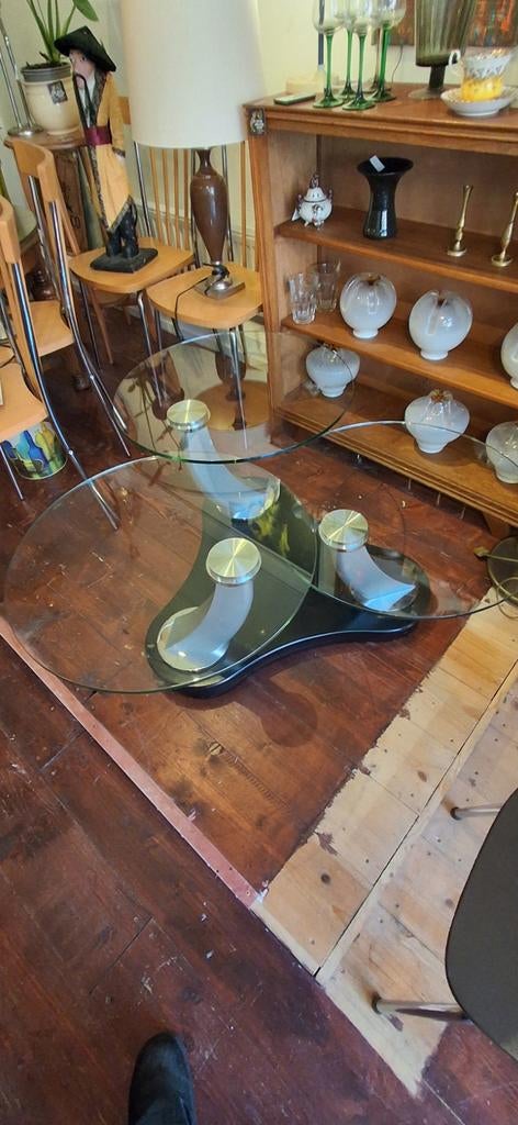 Vintage Design Salontafel met Roterende Glasplaten, Ophalen, Gebruikt, 50 tot 100 cm, 50 tot 100 cm