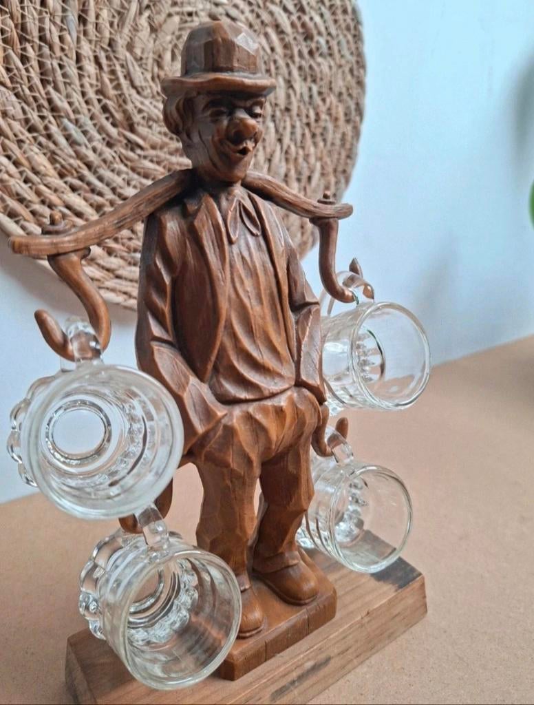 Vintage houten bierglazen houder – mannetje – 4 glaasjes, Ophalen of Verzenden