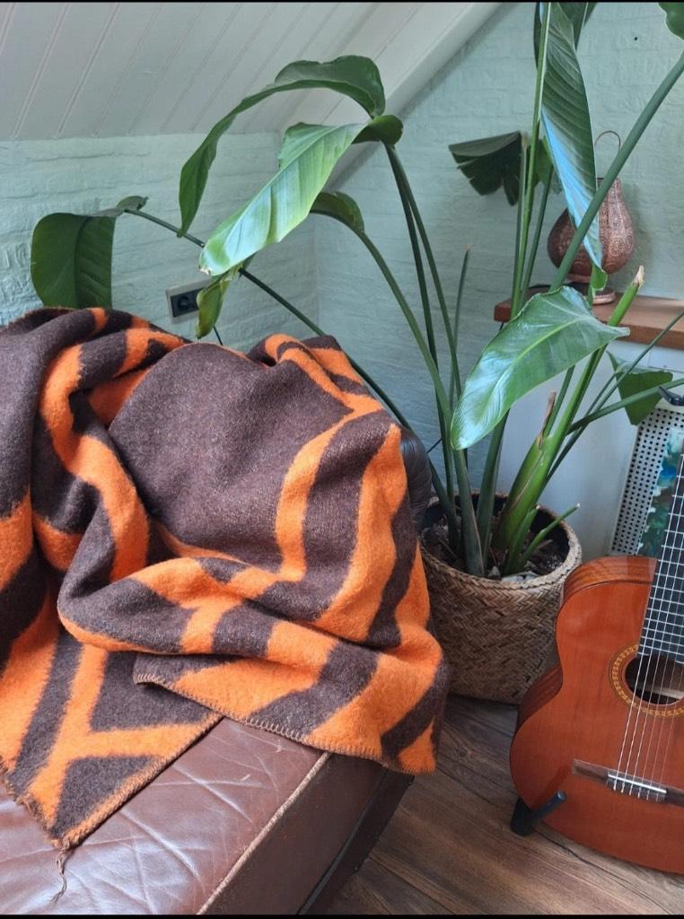 Vintage wollen deken - 240x220 - Vendorma V&D- Oranje/Bruin, Ophalen of Verzenden, Zo goed als nieuw