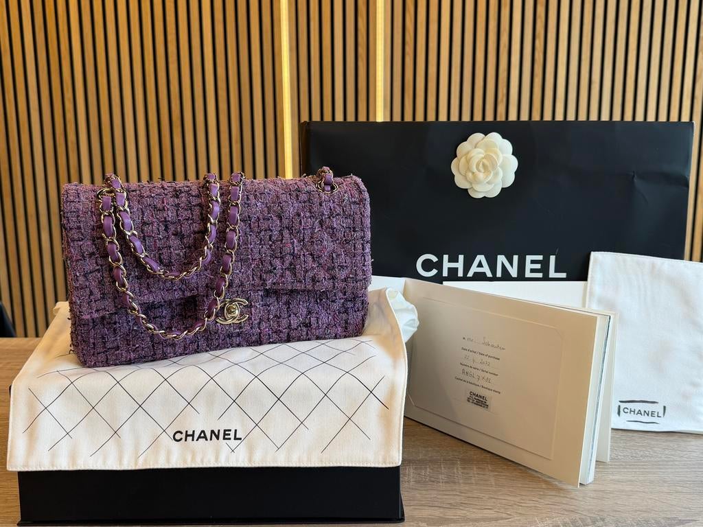 Chanel Classic Flap Bag 11.12 Purple Black Tweed, Schoudertasje, Paars, Zo goed als nieuw, Chanel