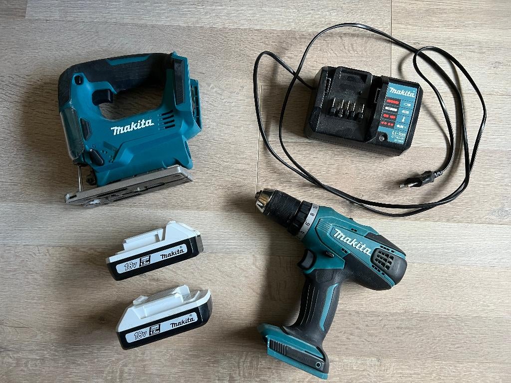 Makita 18V Accu Boor-/Schoefmachine & Decoupeerzaag Set, Ophalen, Gebruikt