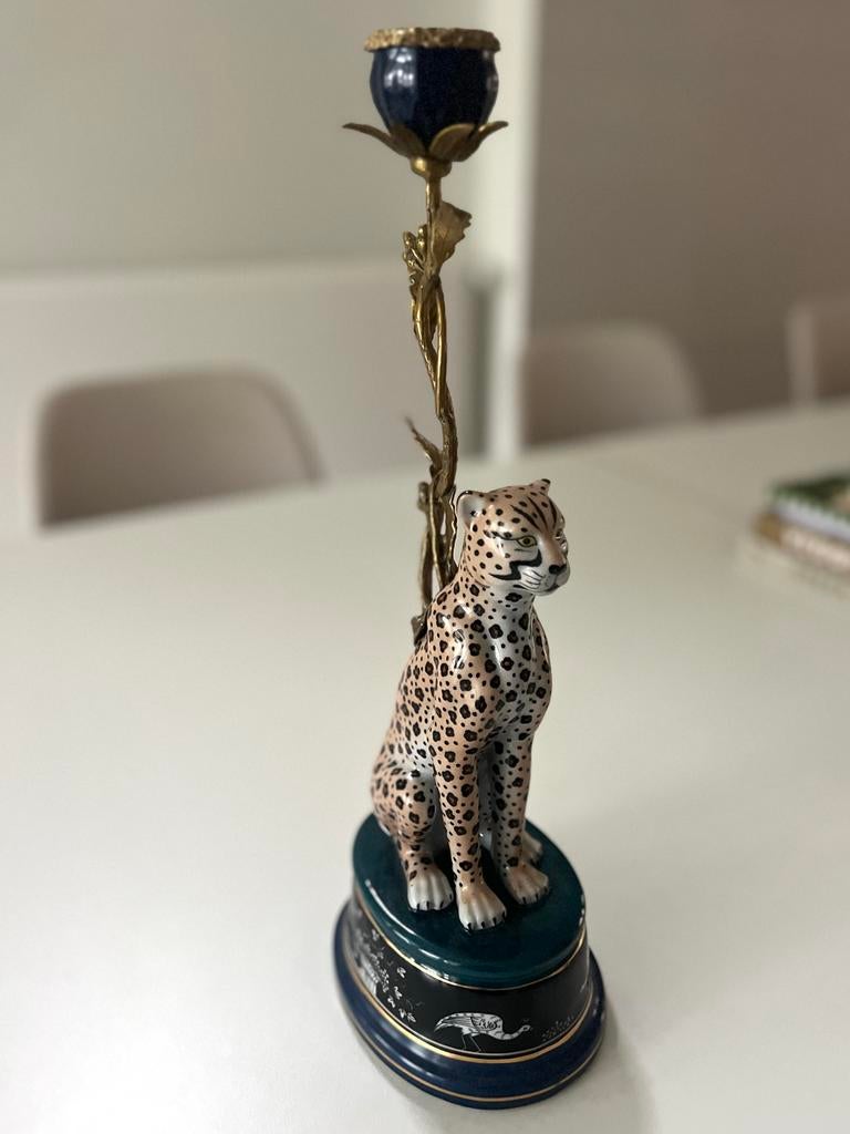 &Klevering Kaars Standaard met Luipaard, Huis en Inrichting, Overige materialen, 25 tot 50 cm, Zwart, Ophalen of Verzenden