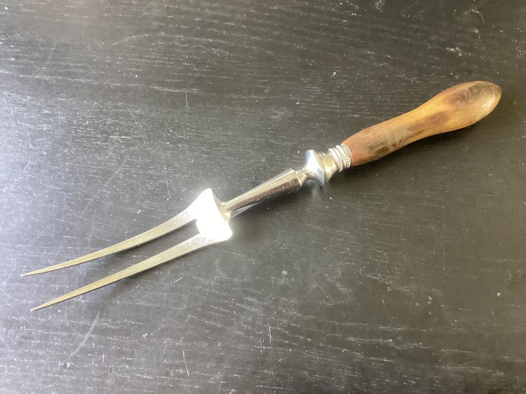 Vintage Vleesvork met bruin gemarmerd bakelieten heft, Ophalen of Verzenden