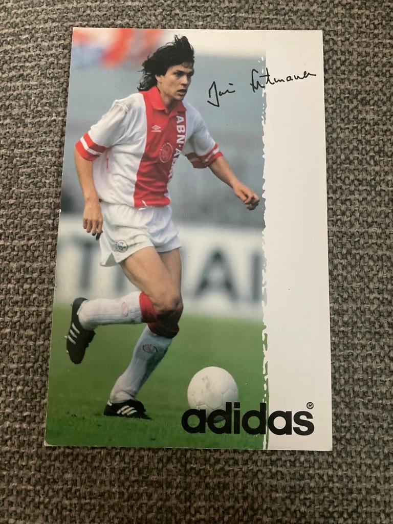 GROTERE GLANZENDE FOTORECLAMEKAART ADIDAS JARI LITMANEN AJAX, Verzamelen, Ophalen of Verzenden, Zo goed als nieuw, Ajax, Spelerskaart