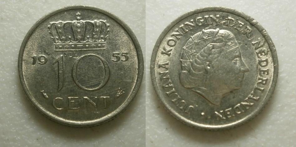 PD02585 Juliana 10 cent 1955, Postzegels en Munten, Munten | Nederland, Ophalen of Verzenden, Koningin Juliana, 10 cent, Losse munt