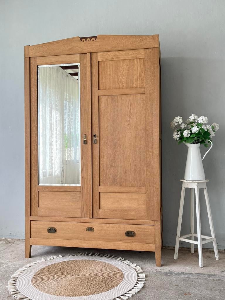 Demontabele eiken spiegelkast kledingkast vintage kast, Gebruikt, 100 tot 150 cm, Vintage brocante cottage art deco, Eikenhout