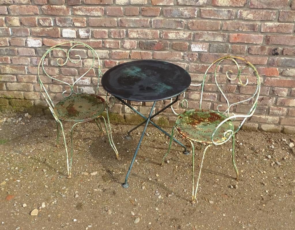 oud ijzeren bistroset tuinset bistrotafel met 2 stoelen, Ophalen