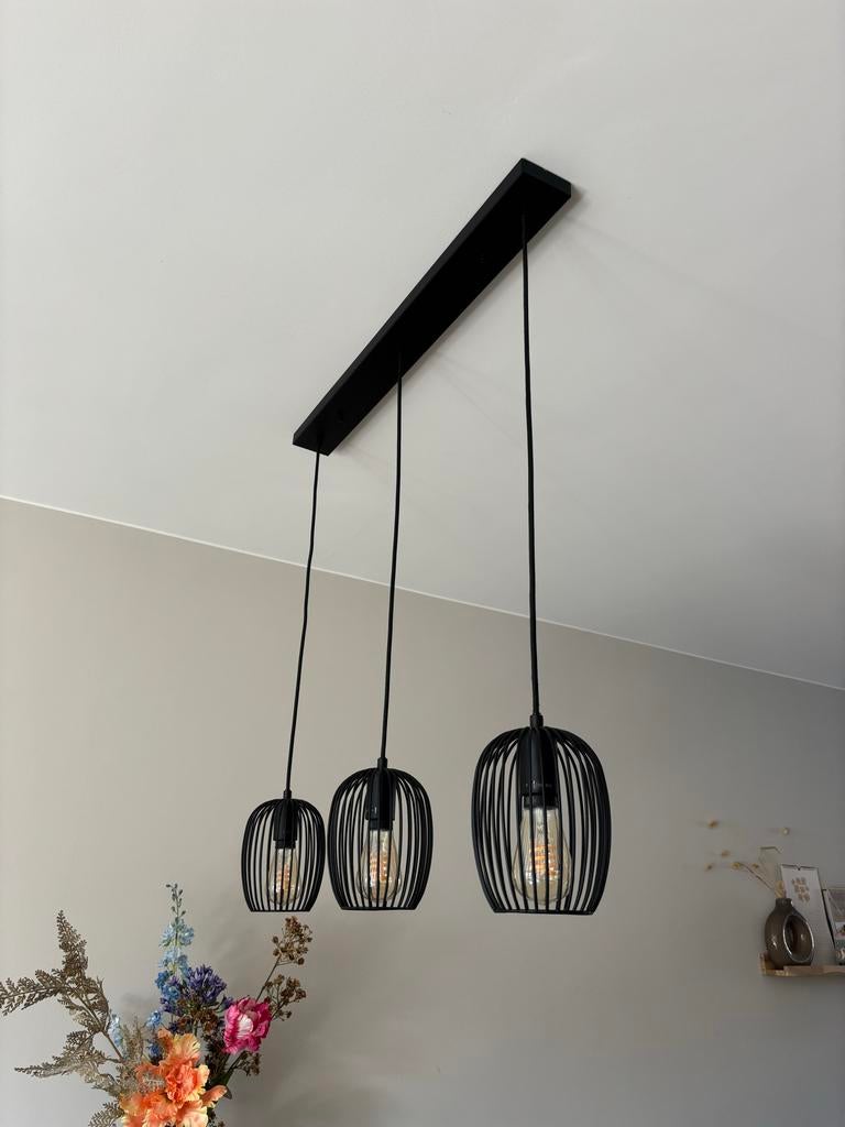 Zwarte hanglamp met 3 lampen, Ophalen, Zo goed als nieuw, Metaal, 75 cm of meer