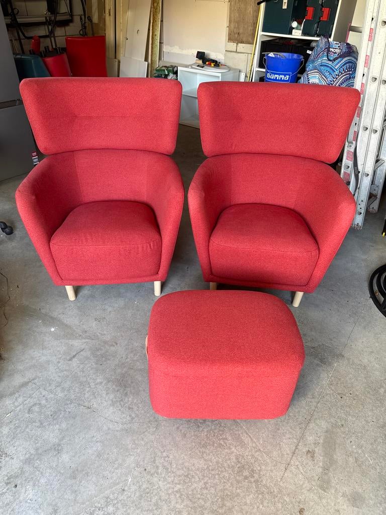 IKEA OSKARSHAMN oorfauteuils met poef rood (ook los), Ophalen, Gebruikt, Twee, Stof