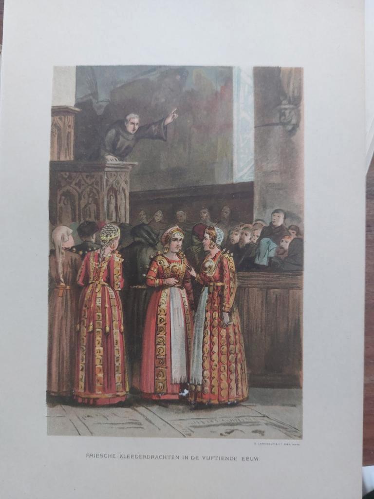 20 / Friesche Klederdracht in de vijftiende eeuw Litho 1895, Antiek en Kunst, Ophalen of Verzenden
