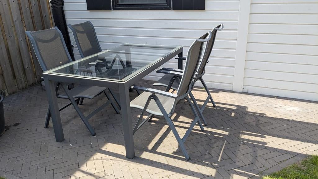Tuinset met Glazen Tafel en 4 Stoelen, Ophalen, Gebruikt, Aluminium