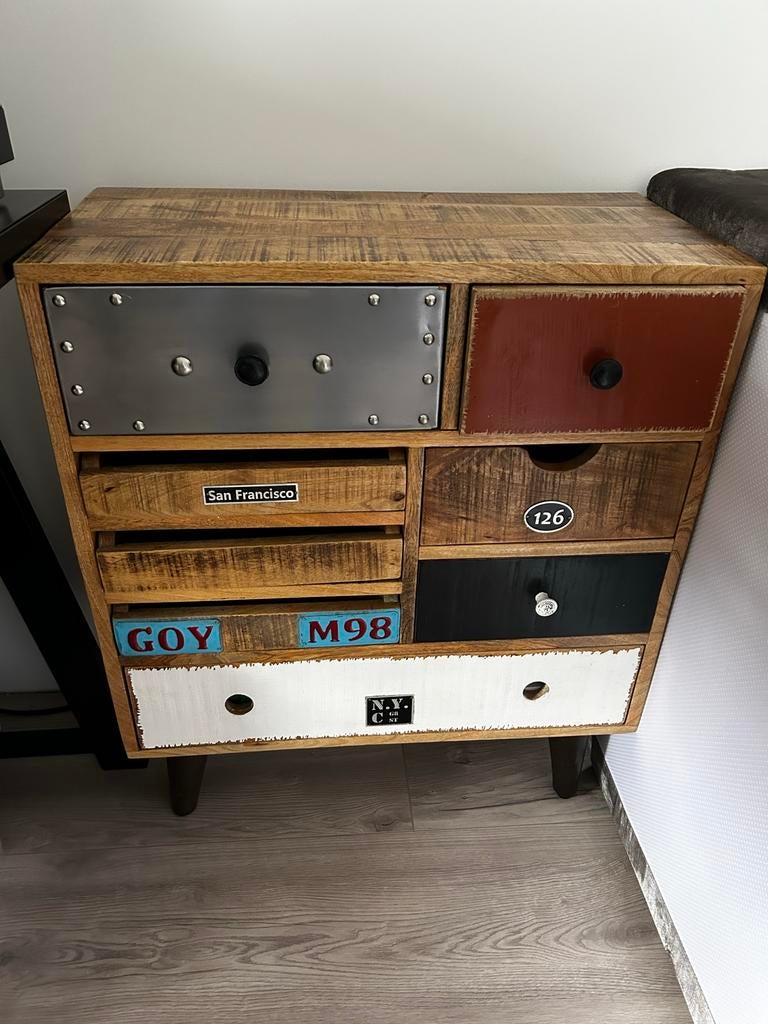 Mango houten ladekast retro, Ophalen, 5 laden of meer, 50 tot 100 cm, Zo goed als nieuw