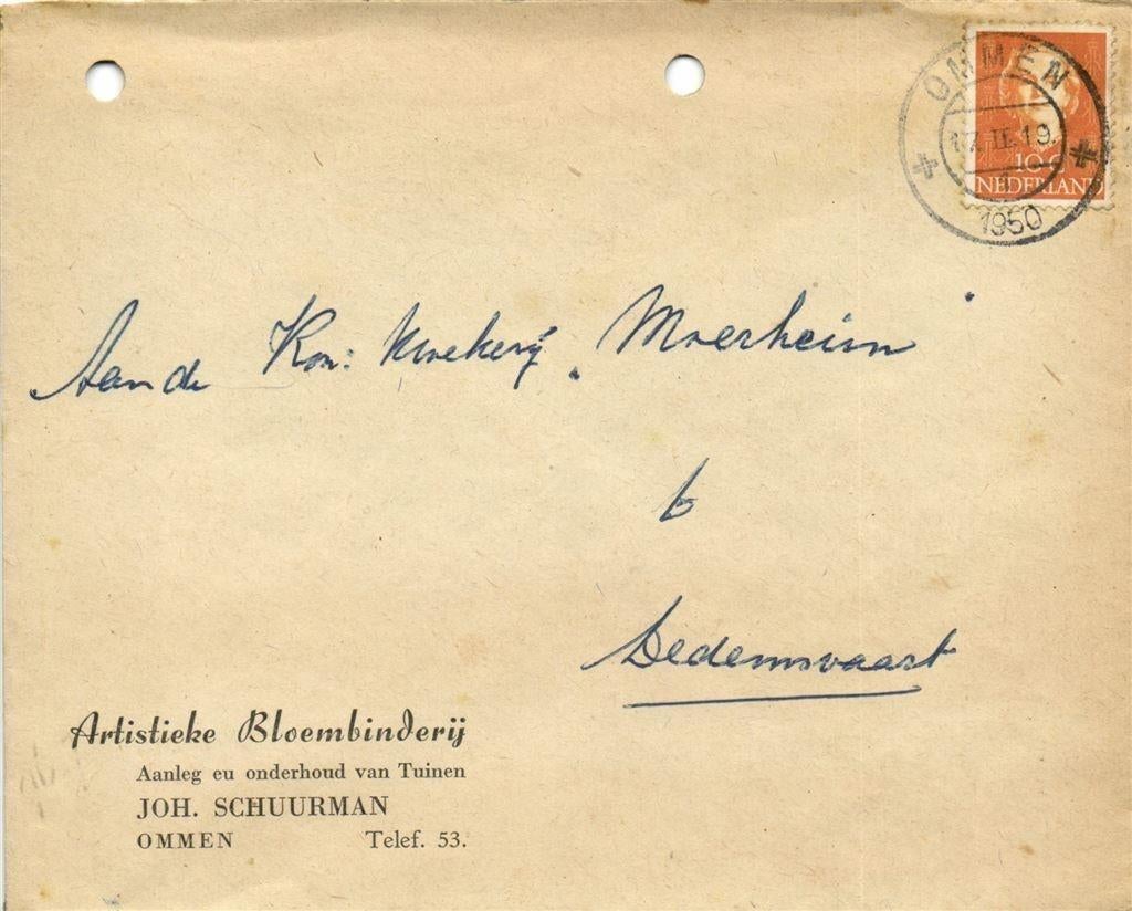 Artistieke Bloembinderij Joh. Schuurman, Ommen - 20.1950 - e, Postzegels en Munten, Ophalen of Verzenden, Envelop