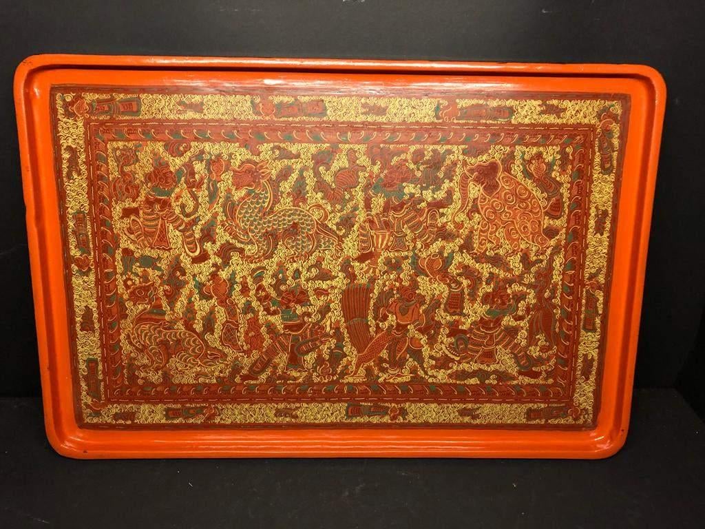 38) Oud Birmaans lakwerk dienblad., Ophalen of Verzenden