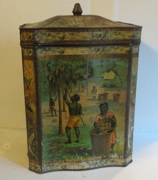 antieke koloniale blikken cacao doos vr Bensdorp Bekkers, Verzamelen, Verzenden, Gebruikt, Koek(jes)