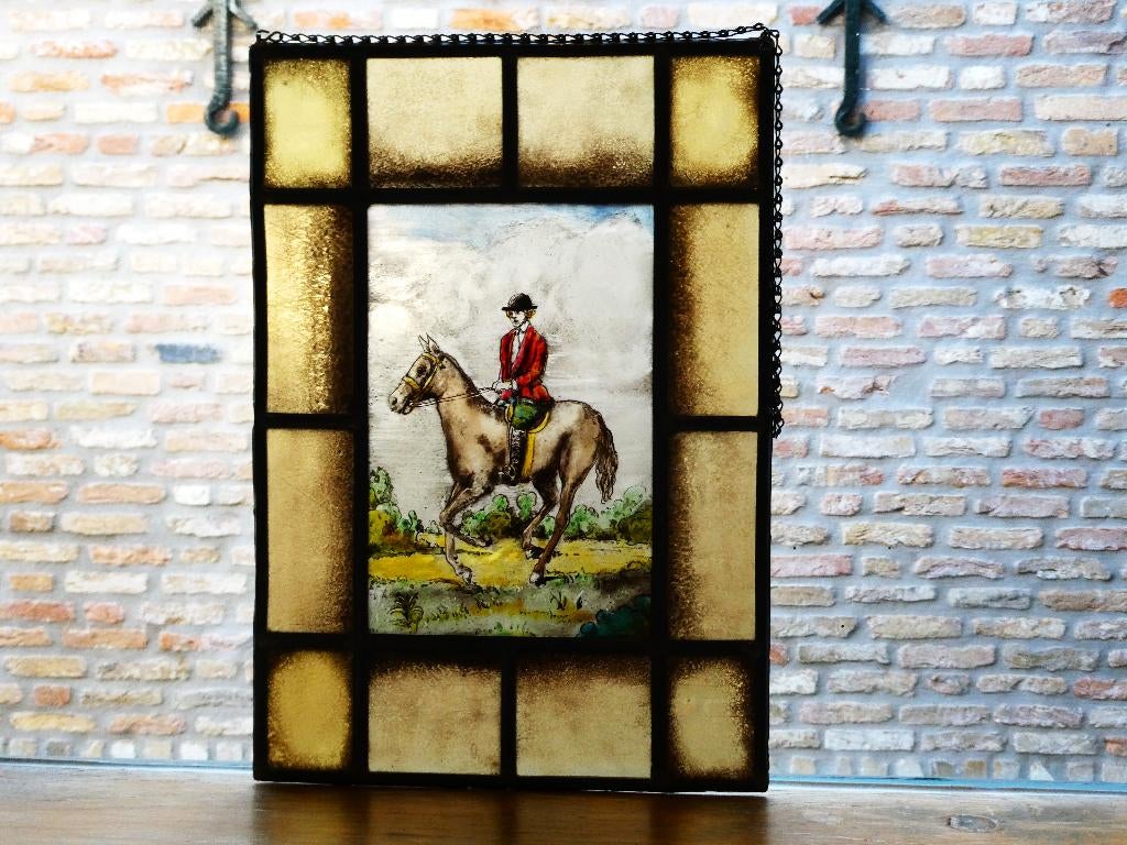 Gebrandschilderd glas in lood raamhanger met Ruiter te paard, Antiek en Kunst, Curiosa en Brocante, Ophalen of Verzenden