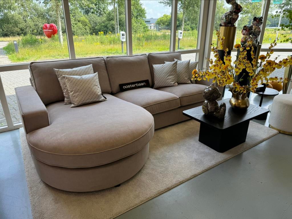 Luxe Velvet Loungebank Lio 170x280cm NIEUW - Beige / Khaki, Oosterbaan, 250 tot 300 cm, Info@oosterbaanwonen.nl, Hoekbank