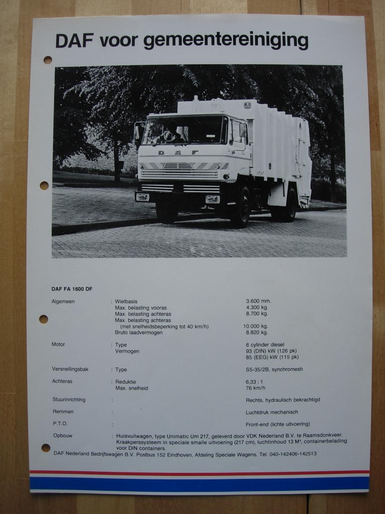 DAF FA 1600 DF Technische Specificatie Folder 1981 – 4x2, Ophalen of Verzenden, Zo goed als nieuw, Overige merken, DAF