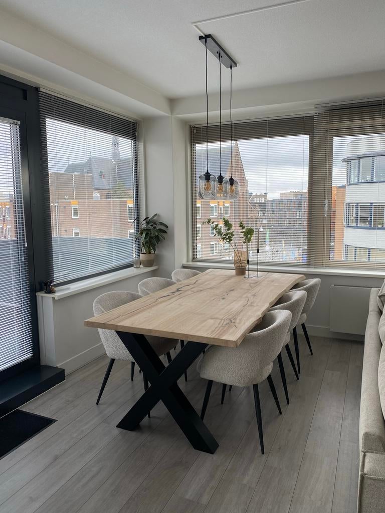 Eettafel met massief eiken boomstamblad *ZO GOED ALS NIEUW*, Ophalen, Eikenhout, 200 cm of meer, Scandinavisch