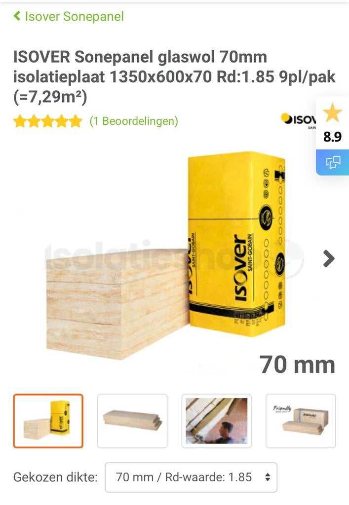Isover isolatie sonepanel 70mm - 5 pakken glaswol, 4 tot 8 cm, Ophalen of Verzenden, Zo goed als nieuw, 15 m² of meer