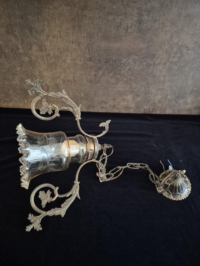 Brocante - Hanglamp - Verguld Brons - Gedecoreerd Glas -, Ophalen of Verzenden