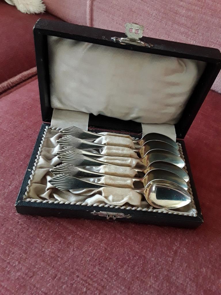 6 lepeltjes  ALPACCA  in doos goede staat, Ophalen of Verzenden