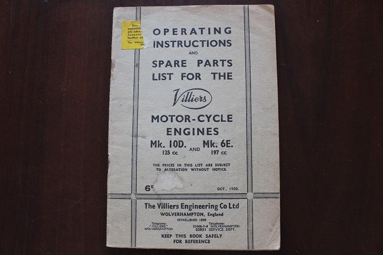 Villiers MK 10D 125cc 6E 197 1950 instruction / parts manual, Motoren, Ophalen of Verzenden, Overige merken