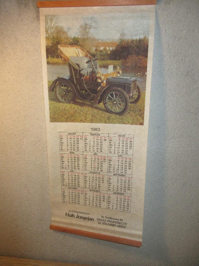 Vintage stoffen kalender met auto Huib Jongejan Zwijndrecht, Ophalen of Verzenden, Jaarkalender, Gebruikt