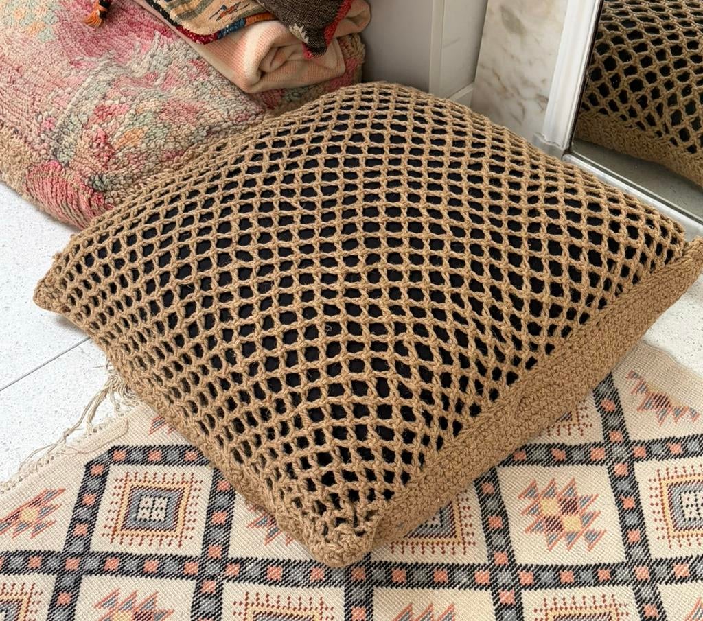 Boho, Ibiza, juten geweven xxl lounge kussen poef, Ophalen of Verzenden, Zo goed als nieuw, Zwart, Vierkant