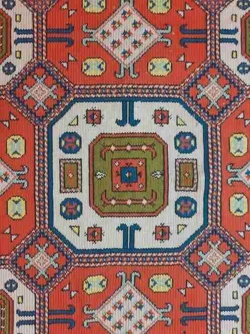 Retro gebreid kleed oranjebruin groen taupe 122/118 cm, Huis en Inrichting, Stoffering | Tapijten en Kleden, Gebruikt, Etten-Leur