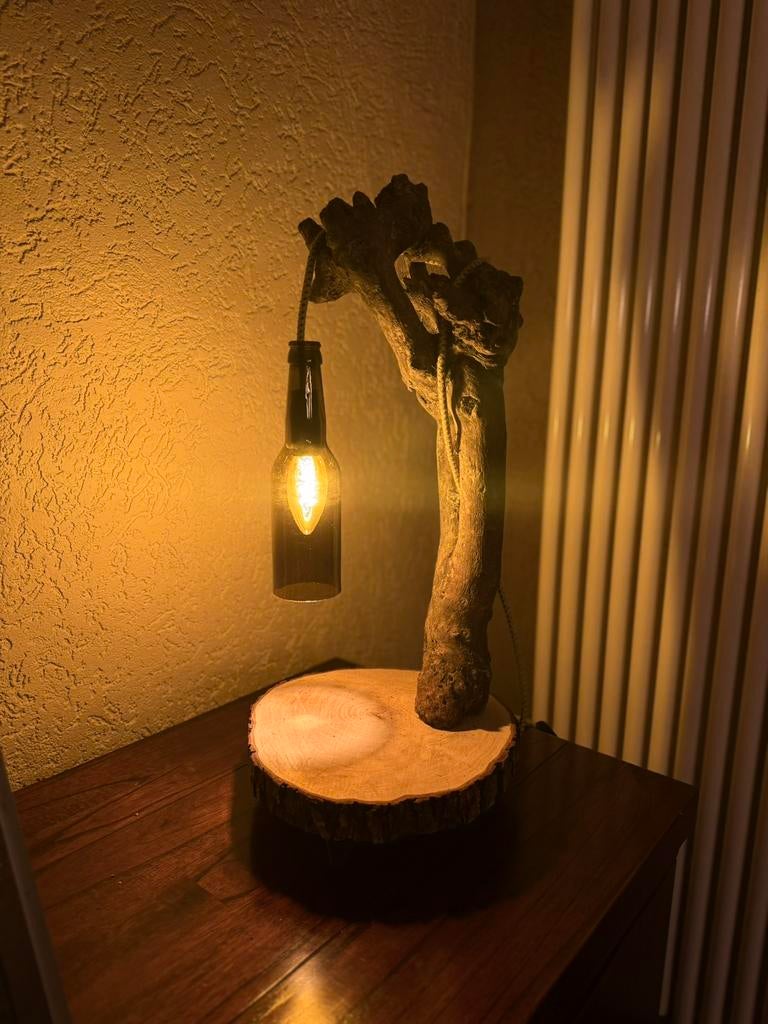 Lamp hout! Fleslamp decoratie, Huis en Inrichting, Lampen | Tafellampen, Ophalen, Zo goed als nieuw, Hout, Minder dan 50 cm