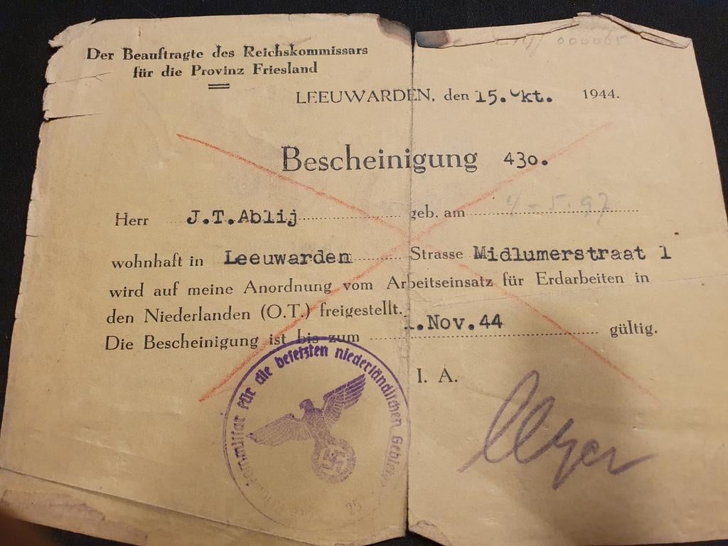 Historische oorlogsdocumenten Friesland leeuwarden zeldzaam, Ophalen of Verzenden, Landmacht, Nederland, Overige typen