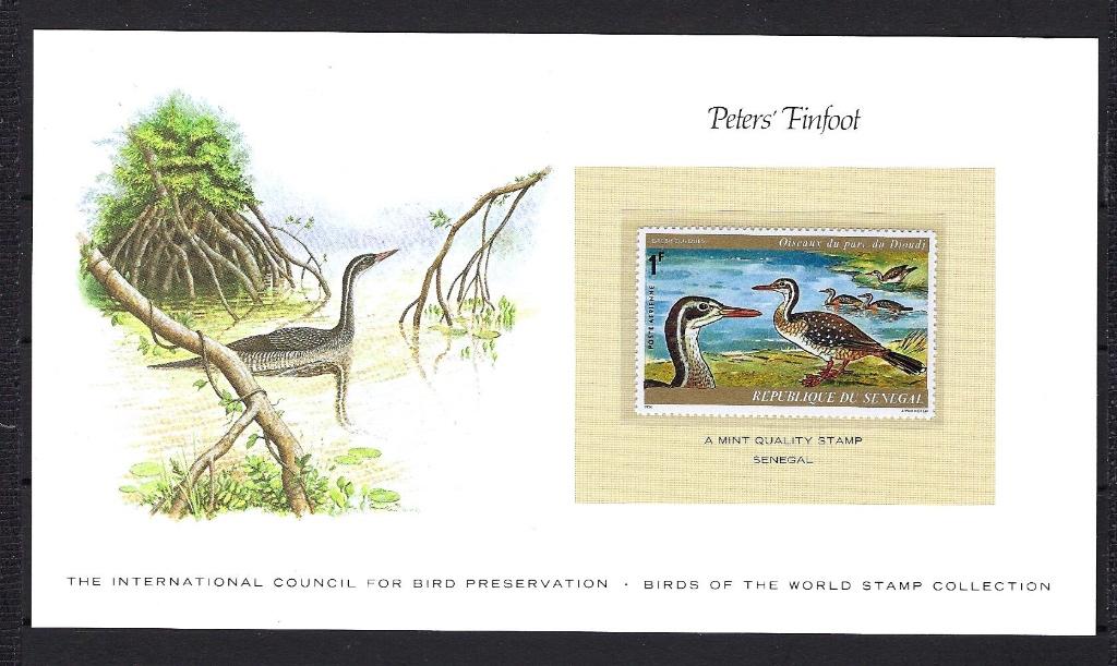 VOGELS kaart Senegal Peters Finfoot (zegel XX), Ophalen of Verzenden, Gestempeld, Dier of Natuur