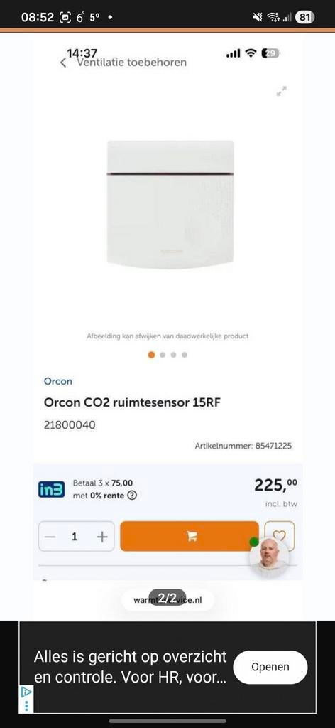 Orcon CO2 ruimtesensor 15RF, Doe-het-zelf en Verbouw, Ventilatie en Afzuiging, Ophalen of Verzenden, Nieuw