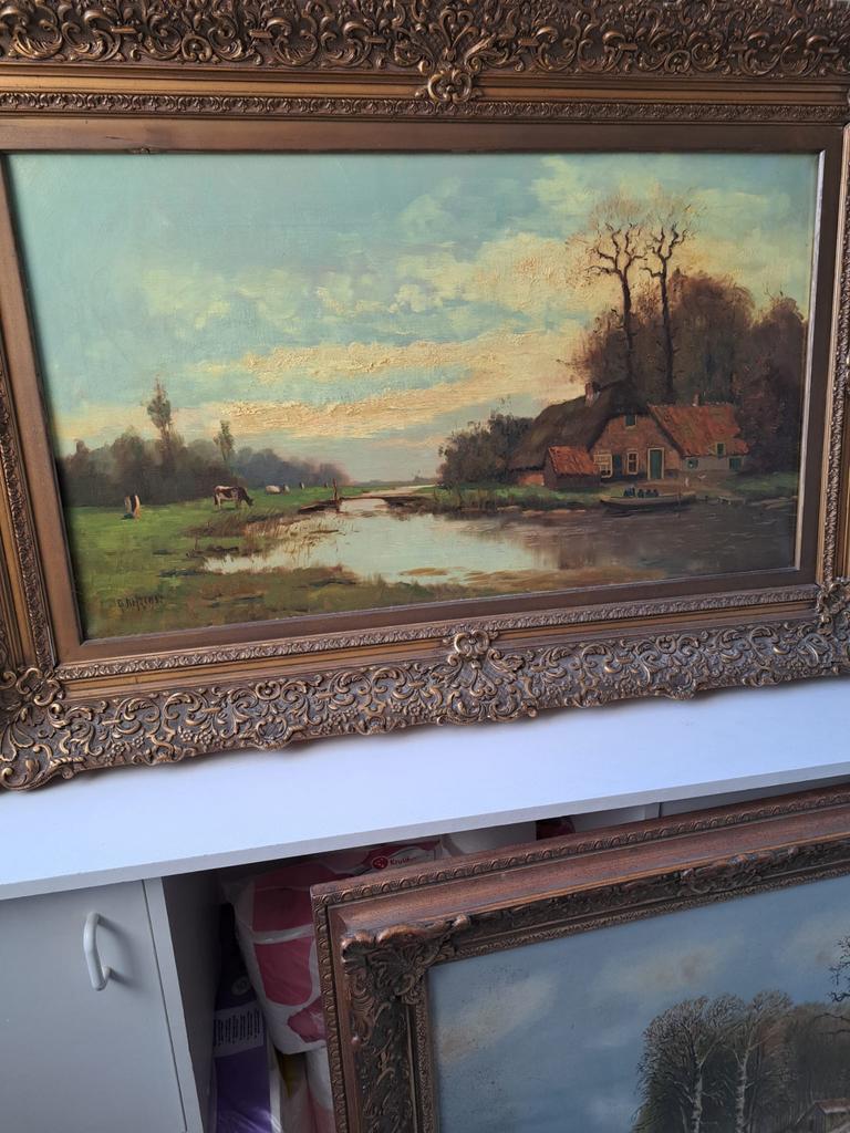 Klassiek schilderij met landschap en boerderij, Antiek en Kunst, Kunst | Schilderijen | Klassiek, Ophalen