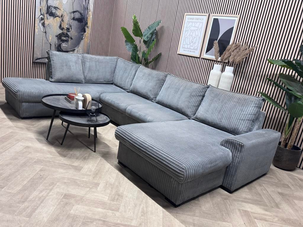 ZGAN Royale Ribstof U-Bank / Hoekbank - Licht Grijs - 345cm, -, -, 300 cm of meer, Ophalen of Verzenden