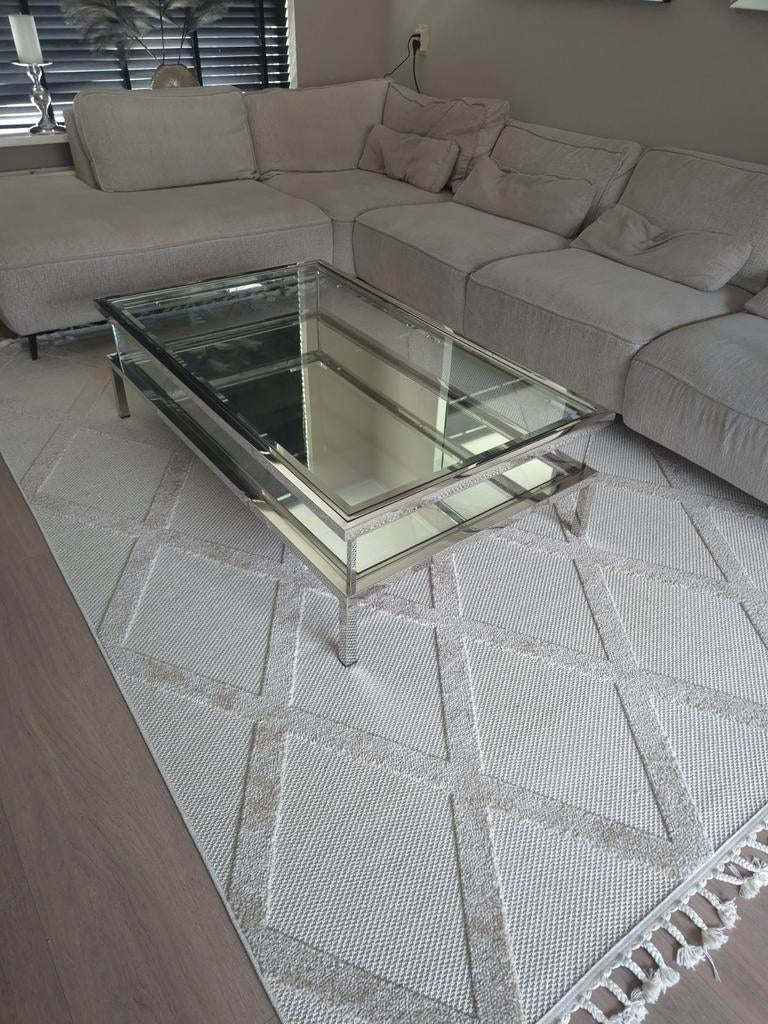 Eichholtz Harvey salontafel gehard glas en RVS, Ophalen, Gebruikt, 100 tot 150 cm, 50 tot 100 cm