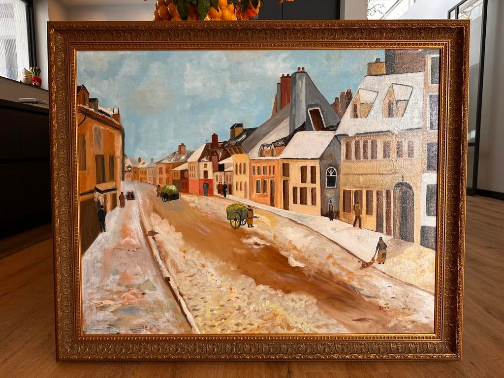 Klassiek schilderij/lijst “Sneeuwstraat” binnenmaat 102x81, Antiek en Kunst, Kunst | Schilderijen | Klassiek, Ophalen