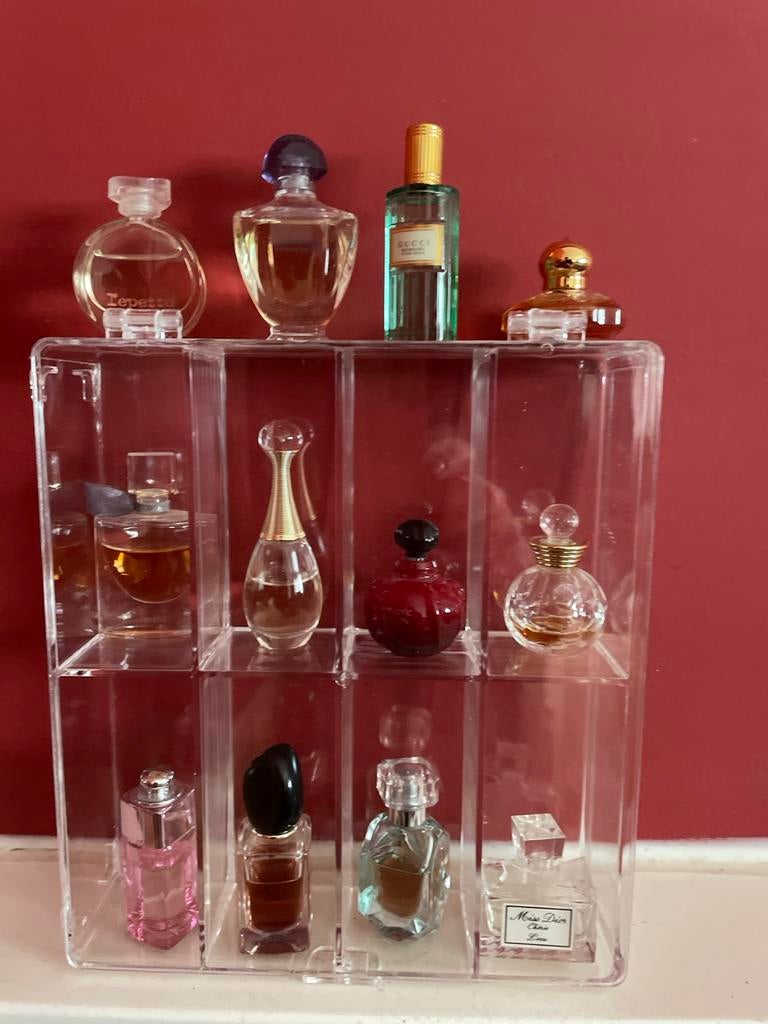 Miniatuur parfumflesjes collectie met display, Ophalen of Verzenden, Gebruikt