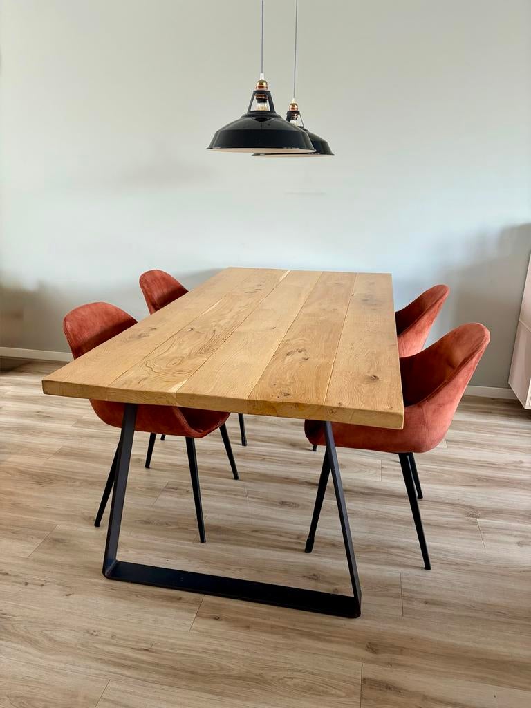 Eiken eettafel 200x100cm met stalen onderstel, Huis en Inrichting, Tafels | Eettafels, Ophalen, Gebruikt, 100 tot 150 cm, Eikenhout