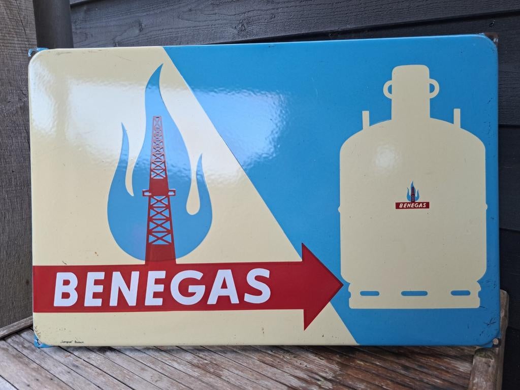 Emaille reclame , emaille reclamebord Benegas langcat, Ophalen, Gebruikt, Reclamebord