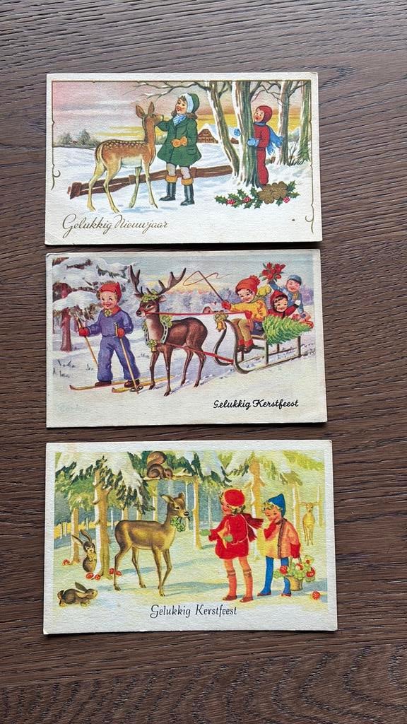 3 kaart met herten. In bos, met slee, met klaver 4, Ophalen of Verzenden, 1940 tot 1960, Gelopen